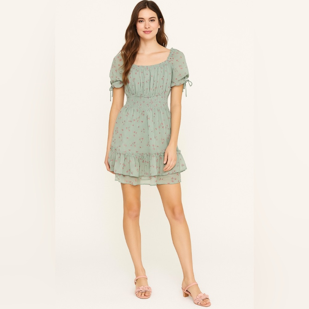 Liberty Love Puff Sleeve Ruffle Mini Dress M Green Floral Cottagecore Romantic